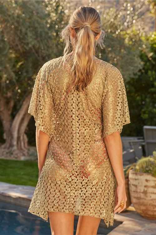 BECCA Women's Standard Lustre Crochet Tunic, Plunge V-Neck, Casual, Beach Cover Ups, Antique Gold, X-Small-Small