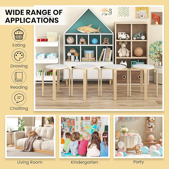 Giantex Stackable Stools Set of 4, 18" Round Stacking Backless Nesting Stools, School Chairs, Flexible Seating for Classroom Elementary, Students, Adults, Kitchen, Dining Room (Natural & White)