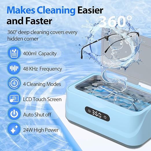 Ultrasonic Jewelry Cleaner: 48Khz Ring Cleaner Ultrasonic Machine with Digital Timer, 4 Cleaning Modes, 24W Sonic Cleaner for Jewelry, Glasses, Retainer, Watch Strap, Home & Travel Use, 13.5oz
