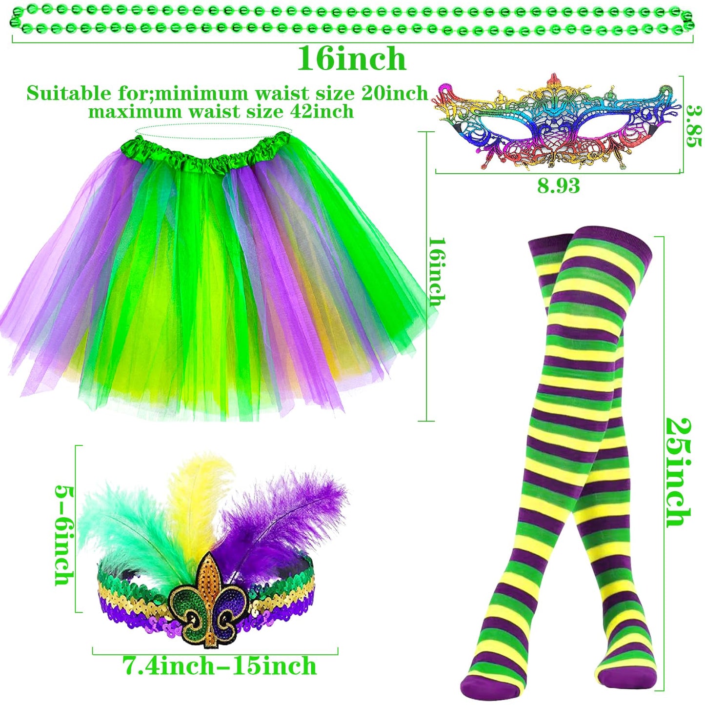 Dolkoic Mardi Gras Costume Accessory Set with Headband Tutu Skirt Mask Mardi Gras Beads Stocking 80s Cospaly for Women and Girls