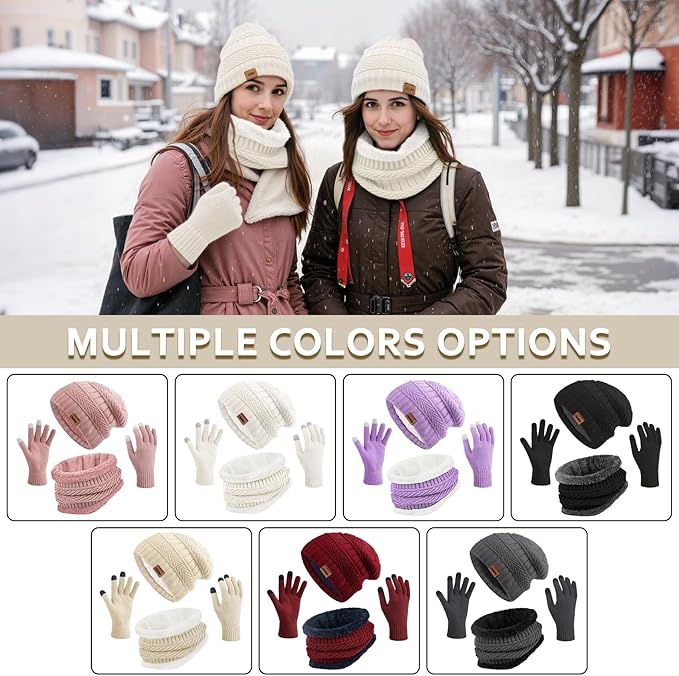 Winter Hats for Women Beanie Hat Warm Thick Knit Skull Cap Hat and Scarf Gloves Sets