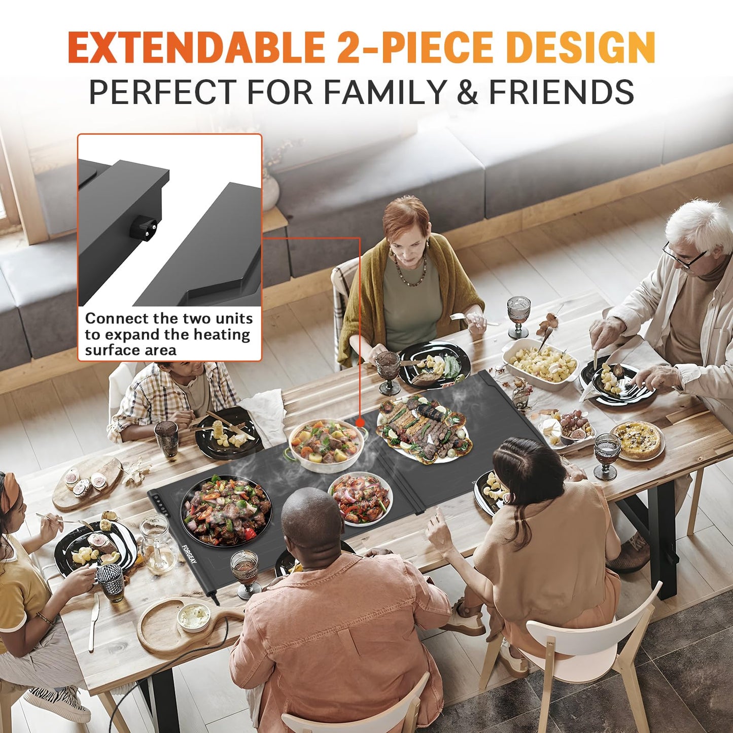Forge AY XXL Food Warming Mat for Countertop 42"x16" - Electric Warming Trays for Buffets Party - Extra Large Fast Full-Surface Heating Mat - 2 Piece Extendable Roll-Up Warmers for Food Trays Buffet