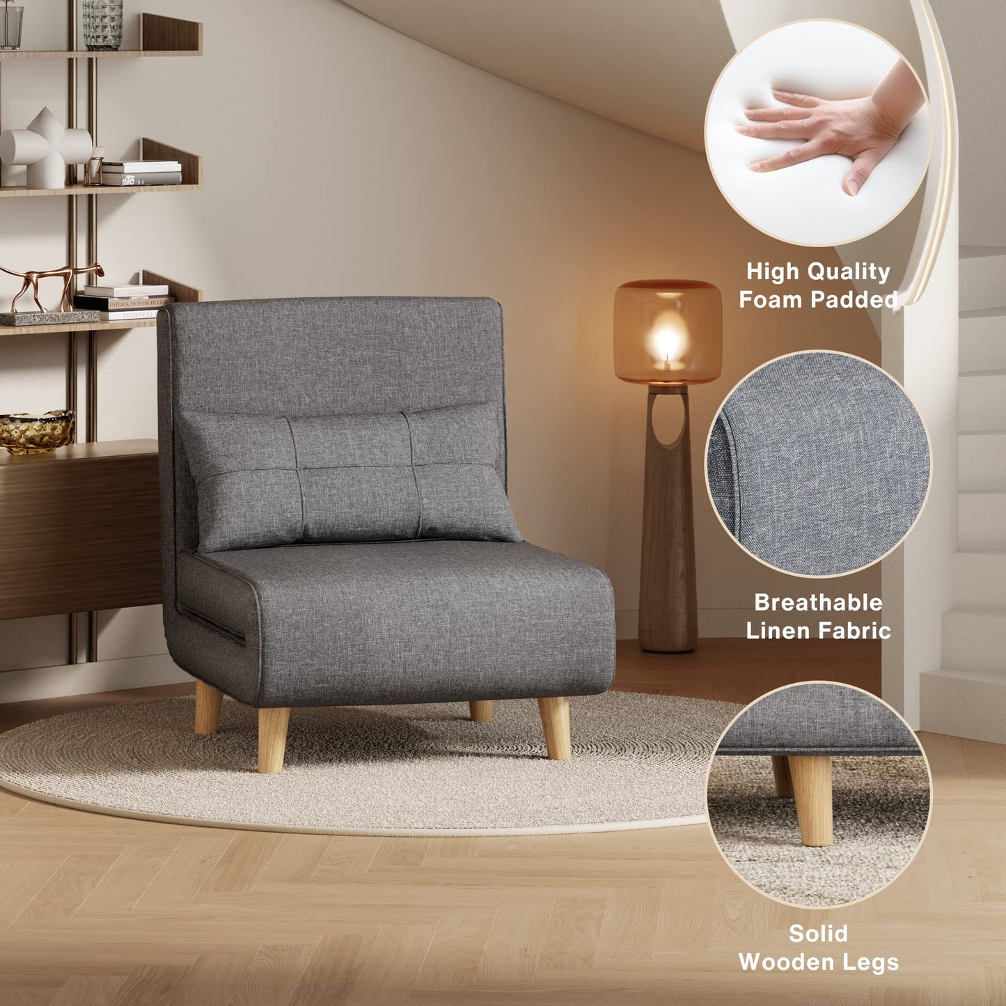 Aiho 3 in 1 Sleeper Chair Bed, Convertible Chair Bed Futon Sofa with Adjustable Backrest, Accent Chair for Apartment/Bedroom/Office, Dark Grey