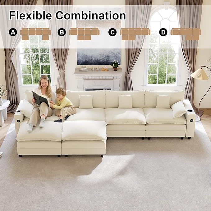 KCGKCG 152" Modular Sectional Sofa, U Shaped Cloud Couch with Movable Ottoman, Chenille Deep Seat Cloud Sofa with Charging Station, Cup Holder, Side Pocket, Sectional Couches for Living Room, Beige