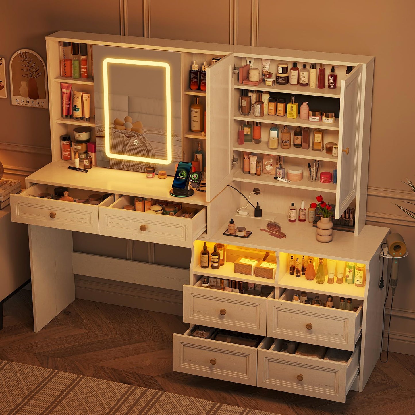 Vabches 58.6" Large Vanity Desk with Sliding Mirror & Lights, White Makeup Vanity Table & Nightstand Combo with Power Outlet and 6 Drawers 15 Shelves with Light Strips for Bedroom Dressing Room