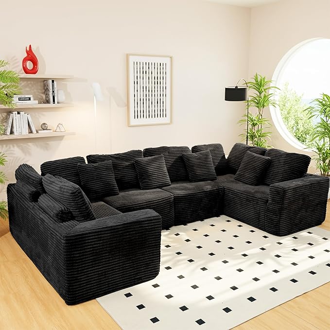 SEENYOO 135.5" Cloud Sectional Couch,Boneless Corduroy Sofa for Living Room,Oversized U Shaped Sofa with Chaise,Deep Seat,No Assembly Required,Modular Sectional Couches（Black）