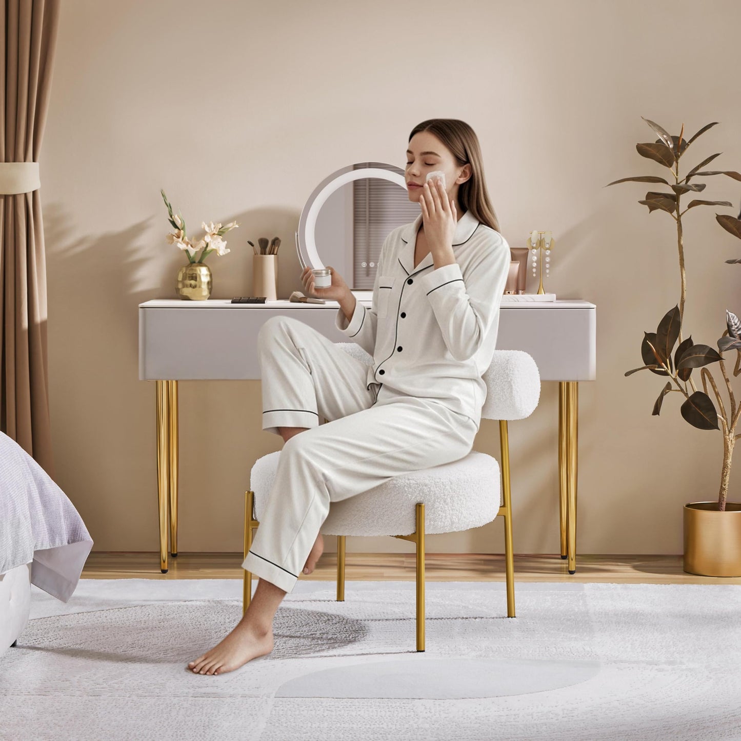 Topeakmart Modern Vanity Chair, Boucle Fabric Accent Chair with Gold Metal Legs for Living Room Makeup Room, White