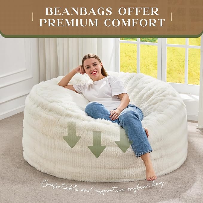 Hobestluk Bean Bag Chairs Beanbag Chair with Filler Adult Bean Bags with Fluffy Ripple Cover, Giant Bean Bag Chairs for Adults (White, 5FT - 50" x 50" x 24")