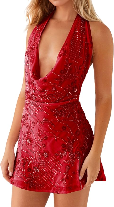 JEIBKOUY Women's Sparkly Sequin Mini Dress Sexy Cowl Neck Sleeveless Split Side Tie Backless Bodycon Party Club Short Dress