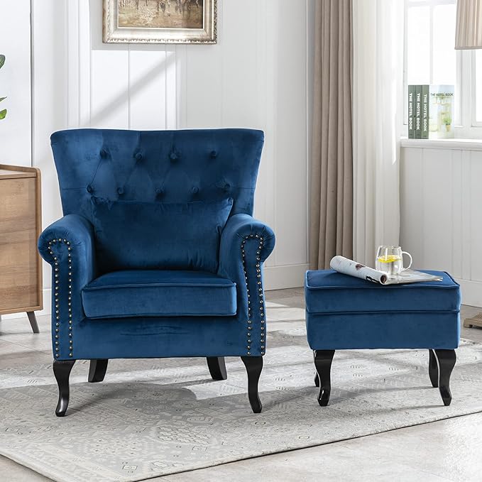 chairus Mid-Century Modern Accent Chair with Ottoman, Comfy Velvet Single Sofa Chair Button Tufted Wingback Armchair with Pillow for Living Room/Bedroom/Club - Blue