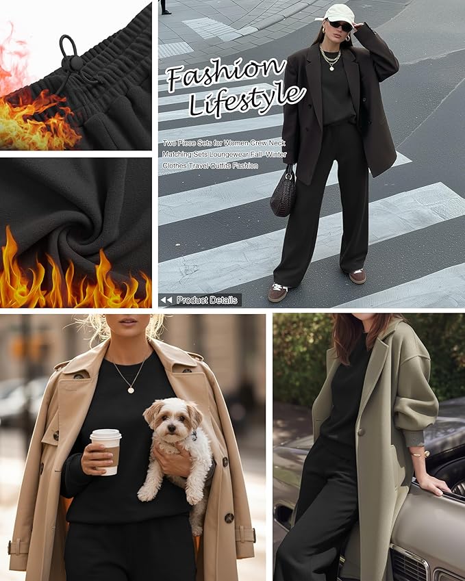 Sweetyweee Women's 2 Piece Outfits Set Fleece Lined Lounge Sweatsuit Crewneck Pullover Top Wide Leg Pants Casual Tracksuit