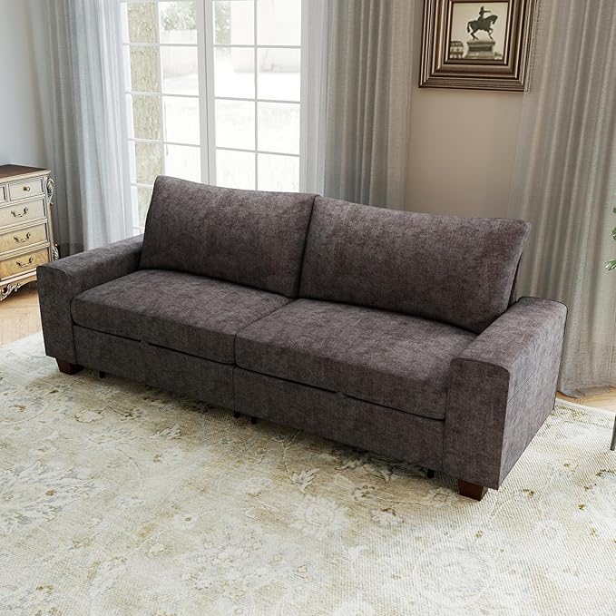 Couchus 88" Upholstered Sofa Couch with Seats Storage, Chenille Fabric Couch for Living Room, Office, Apart W/Deep Seat, Wide Arms, Side Pockets,Removable Cover (Dark Grey)