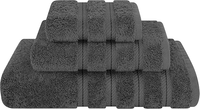 American Soft Linen Premium 3 Piece Towel Set, 1 Bath Towel 1 Hand Towel 1 Washcloth, 600 GSM 100% Cotton Turkish Towels for Bathroom, Dark Gray Towel Set