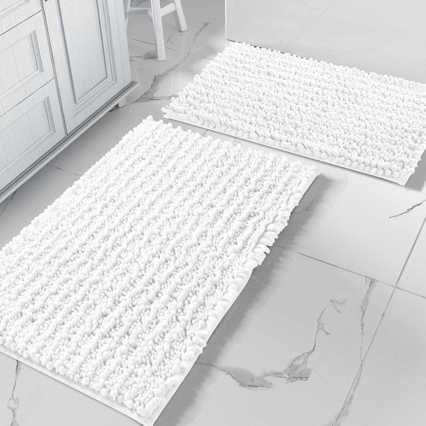 Yimobra Bathroom Rugs Sets 2 Piece - Luxury Chenille Shaggy Bath Mat, Super Absorbent & Non Slip & Quick Dry, Soft Thick Bathroom Carpet for Tub Shower Floor, Machine Washable, 32x20+24x17 Inch, White
