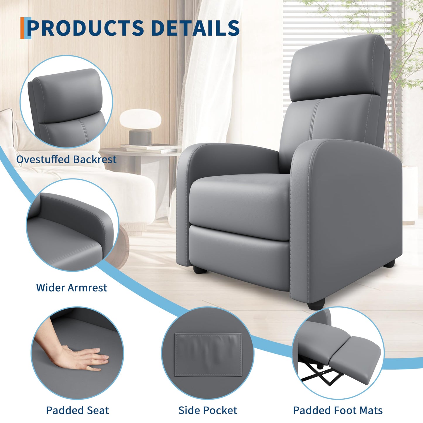Recliner Chair for Adults, Adjustable Single Sofa with Side Pocket Tall Back Wide Arms Padded Seat, Home Theater Seating for Living Room,Gray