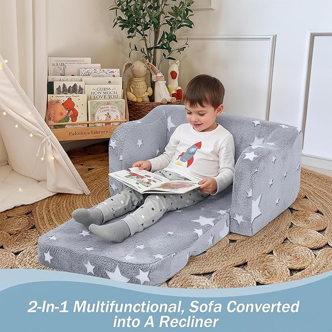 MeMoreCool Kids Glow Star Sofa Chair – 2-in-1 Foldable Toddler Lounger, Gray | Convertible Couch for Playroom or Nursery | Soft Foam Seat | Removable & Washable Cover | Glows in The Dark
