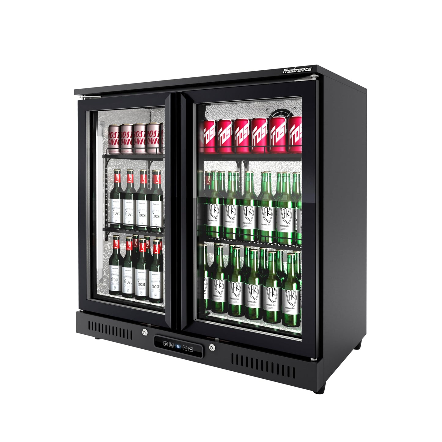 Frostronics 36 inch 206 cans Duo Hinged Door Back Bar Beverage Cooler, 6.75 cu. ft. Under Counter Glass Door Bar Fridge with hinged doors, lockable, 32-50°F Display Refrigerator, ETL Certified, Black