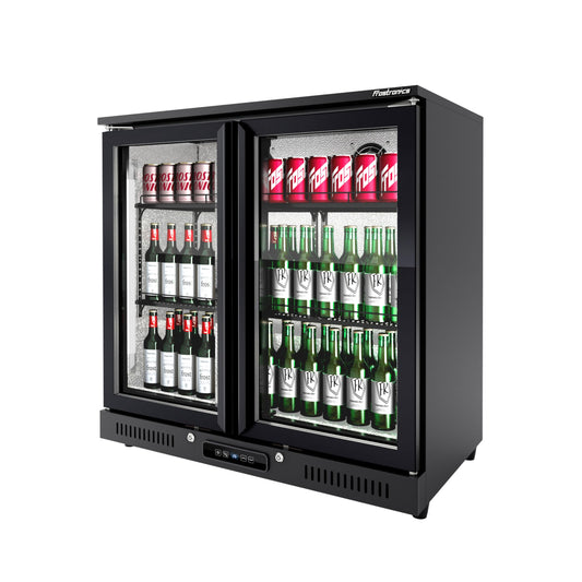 Frostronics 36 inch 206 cans Duo Hinged Door Back Bar Beverage Cooler, 6.75 cu. ft. Under Counter Glass Door Bar Fridge with hinged doors, lockable, 32-50°F Display Refrigerator, ETL Certified, Black
