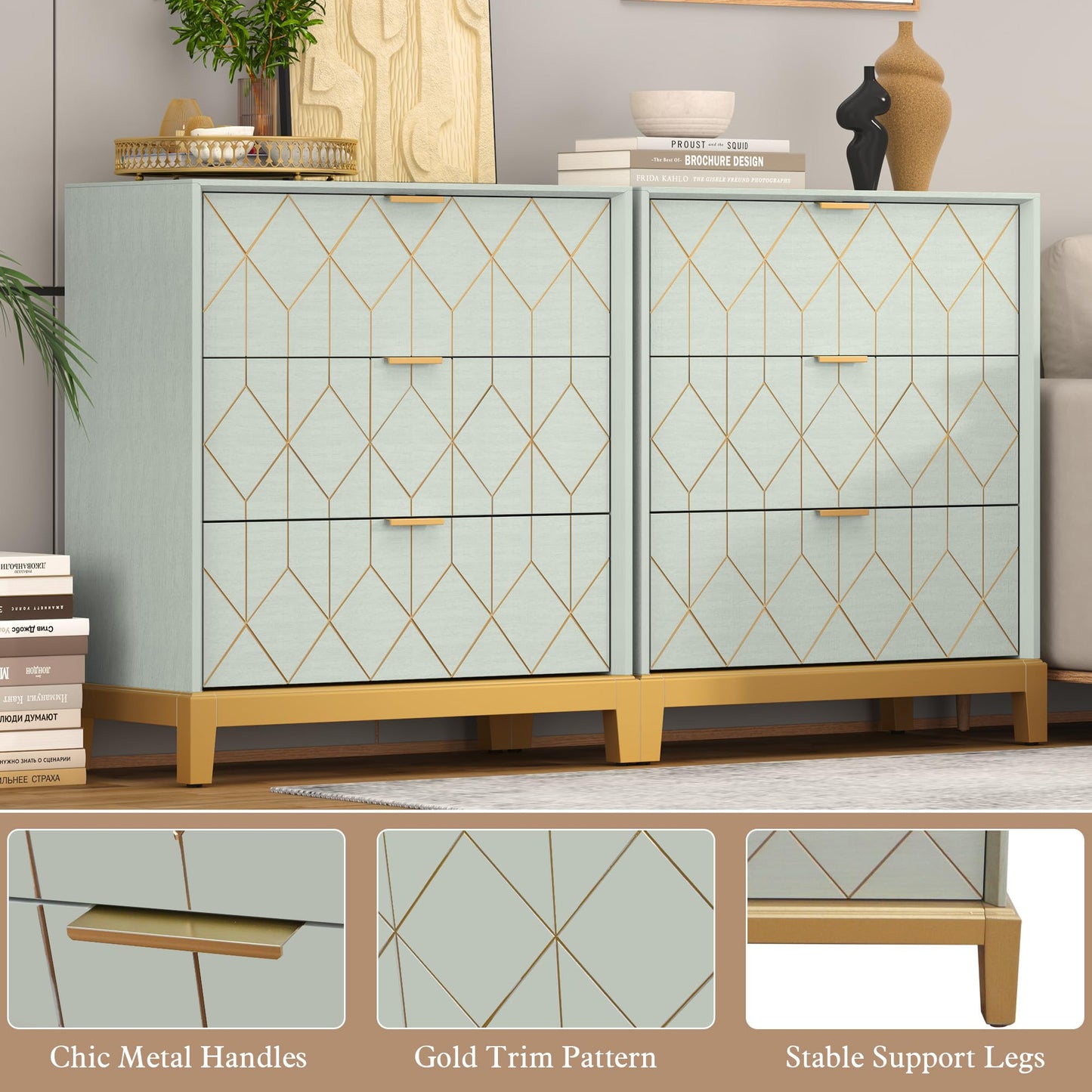 HLR 3 Drawer Dresser for Bedroom, Modern Wood Chest of Drawers with Gold Trim, Accent Dresser Storage Tower, Green Organizer Cabinet for Closet, Living Room, Hallway, Entryway