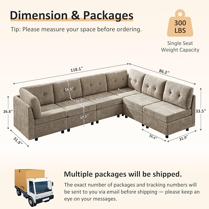 VANOMi 6 Seater Modular Cloud Sofa, 118" Convertible Sectional Cloud Sofas & Couches for Living Room, Comfy Chenille Sectional Couch Sofa for Living Room, Apartment, Office, Camel, L/U Shaped