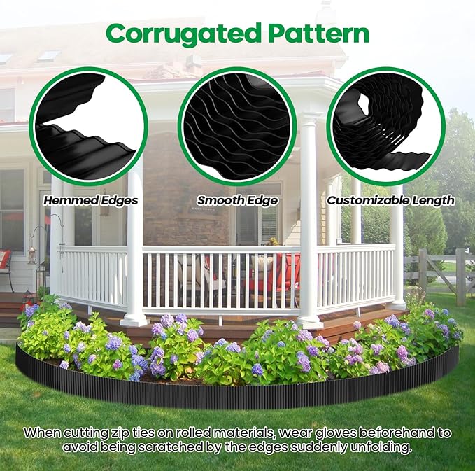 Camitlli Corrugated Metal Garden Edging, Sturdy Tall Landscape Edging Borders, Perfect DIY for Flower Beds, Lawn and Pathway, Tree Surrounds, Paver Edges (Black, 10"×20FT)