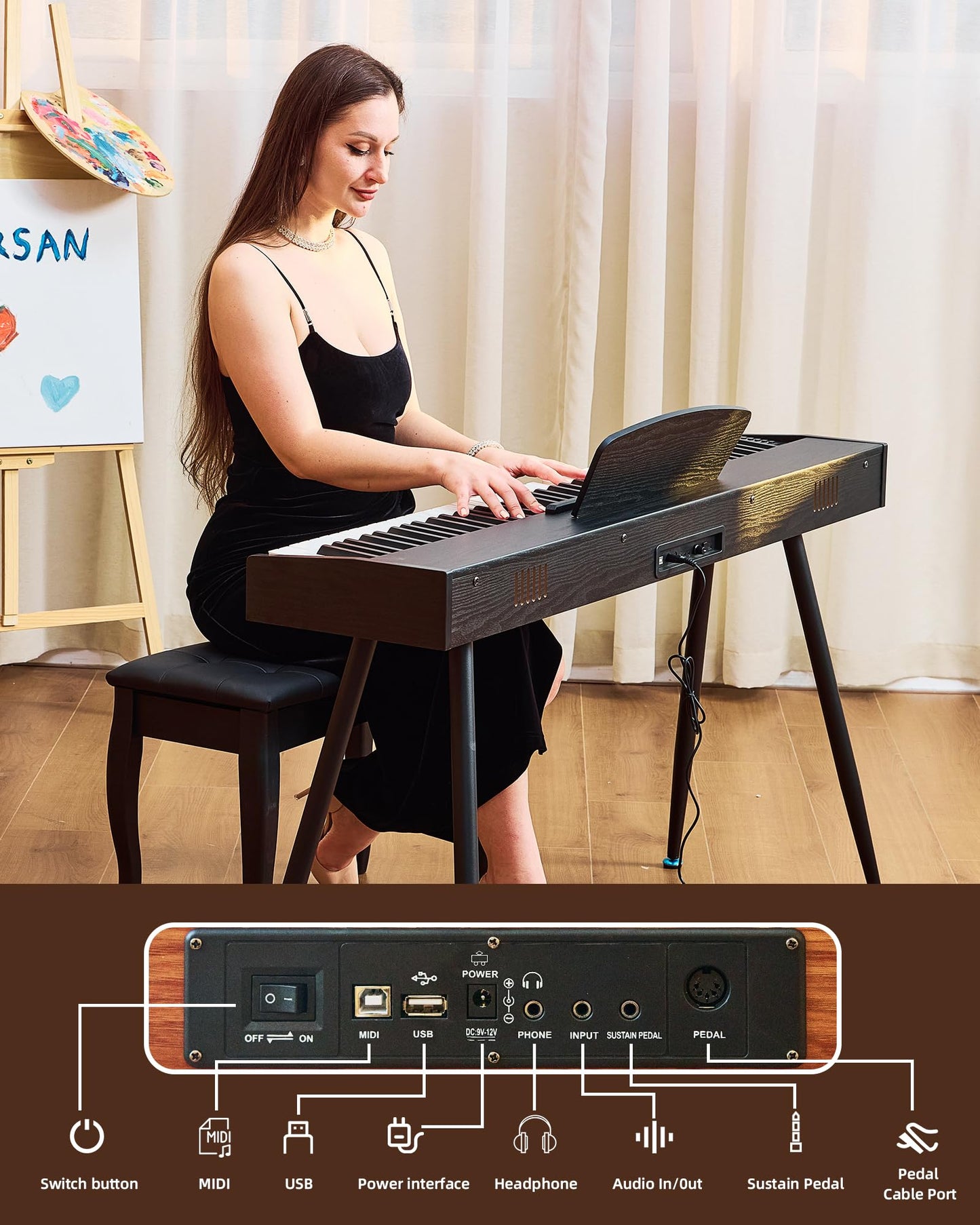 Doguva Digital Piano 88 Key Weighted Keyboard Progressive Hammer-Action Electric Piano For Beginners (Black) with Three-pedal Piano Cover Headphones Music Stickers