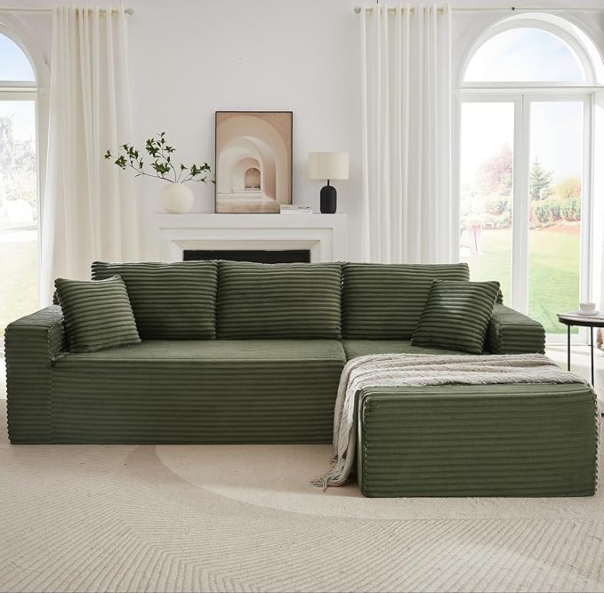 Vanress Cloud Couch Sectional, Corduroy Boneless Couch with L-Shape Chaise, Modern Modular Sectional Sofa Comfy Deep Seat for Living Room, Bedroom, No Assembly (Green, Right Facing Chaise)