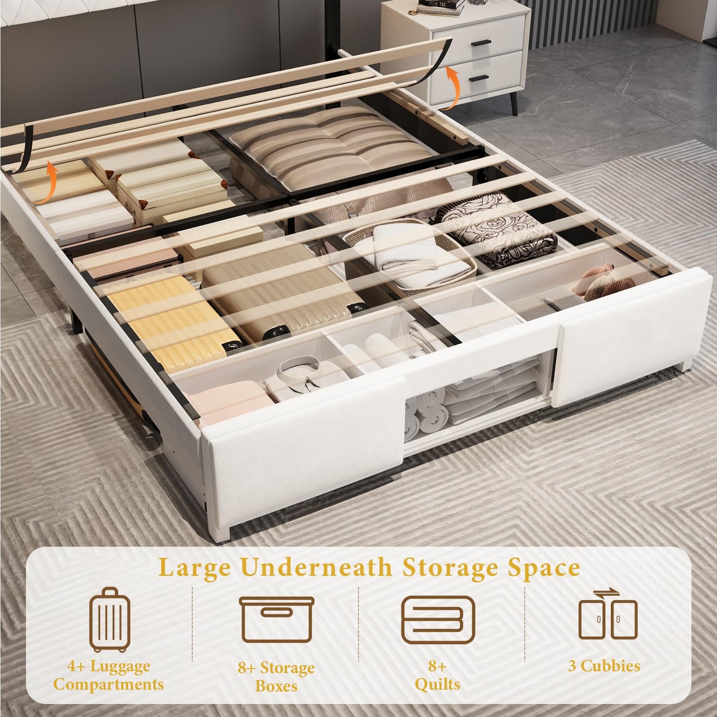 Queen Bed Frame with Sliding Barn Door Storage Cabinets,Bed Frame Queen Size Button Tufted Platform with Adjustable Comfortable Headboard,LED Lights,Charging Station,Solid Wooden Slats,Noiseless