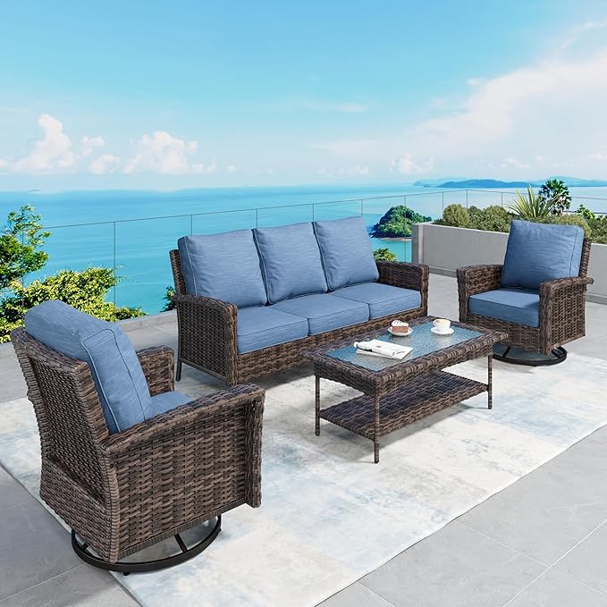 SUNSHINE VALLEY Patio Furniture Set with Swivel Chairs, High Back Wicker Rattan Furniture with 5.5" Thick Cushions and Coffee Table, Outdoor Conversation Set for Backyard Deck,5 Seats, Blue
