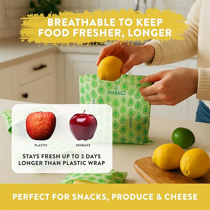 Beeswax Wrap Storage Bag by BeeBAGZ | Reusable Food Storage Bags, Pack of 3, Plastic Free Biodegradable Food Wrap Alternative, Lunch Pack, 2 Small + 1 Medium, (Green)