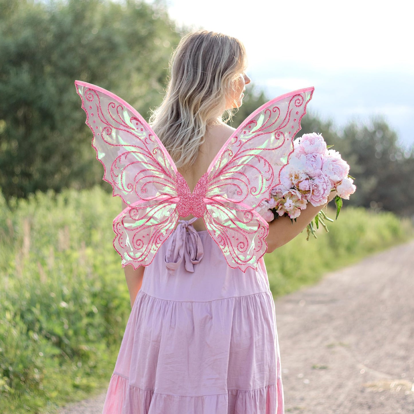 U-Goforst Fairy Costume Wings for Adults, Butterfly Wings for Girls Women, Halloween Costume Cosplay Dress Up, Sparkly Wings with Flower Crown and Glitter (Pink)