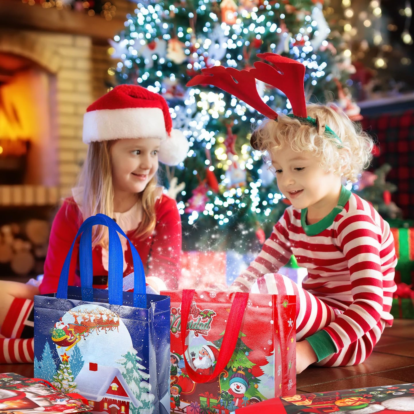 Chapou 100 Pcs Christmas Gift Bag Bulk Reusable with Handles 9.06 x 8.66 x 4.33 in Xmas Tote Bags Snowman Santa Claus Non Woven for Shopping Goodies Retail Business Treat Holiday Party Supplies