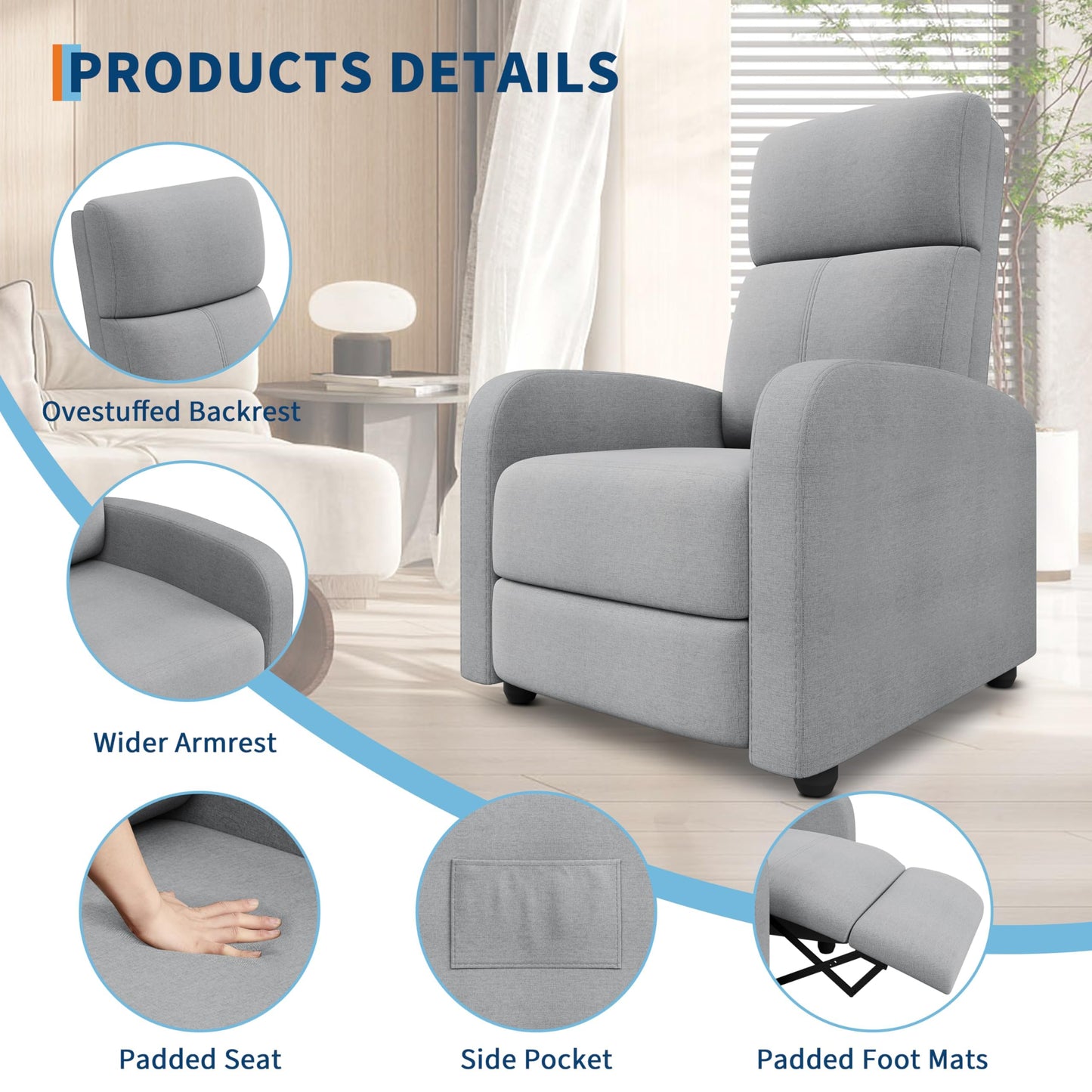 Recliner Chair for Adults, Adjustable Push Back Reclining Chair with Side Pocket, High Backrest & Thick Cushion, Padded Lounge Sofa Chair for Living Room, Home Theater & Bedroom, Light Grey