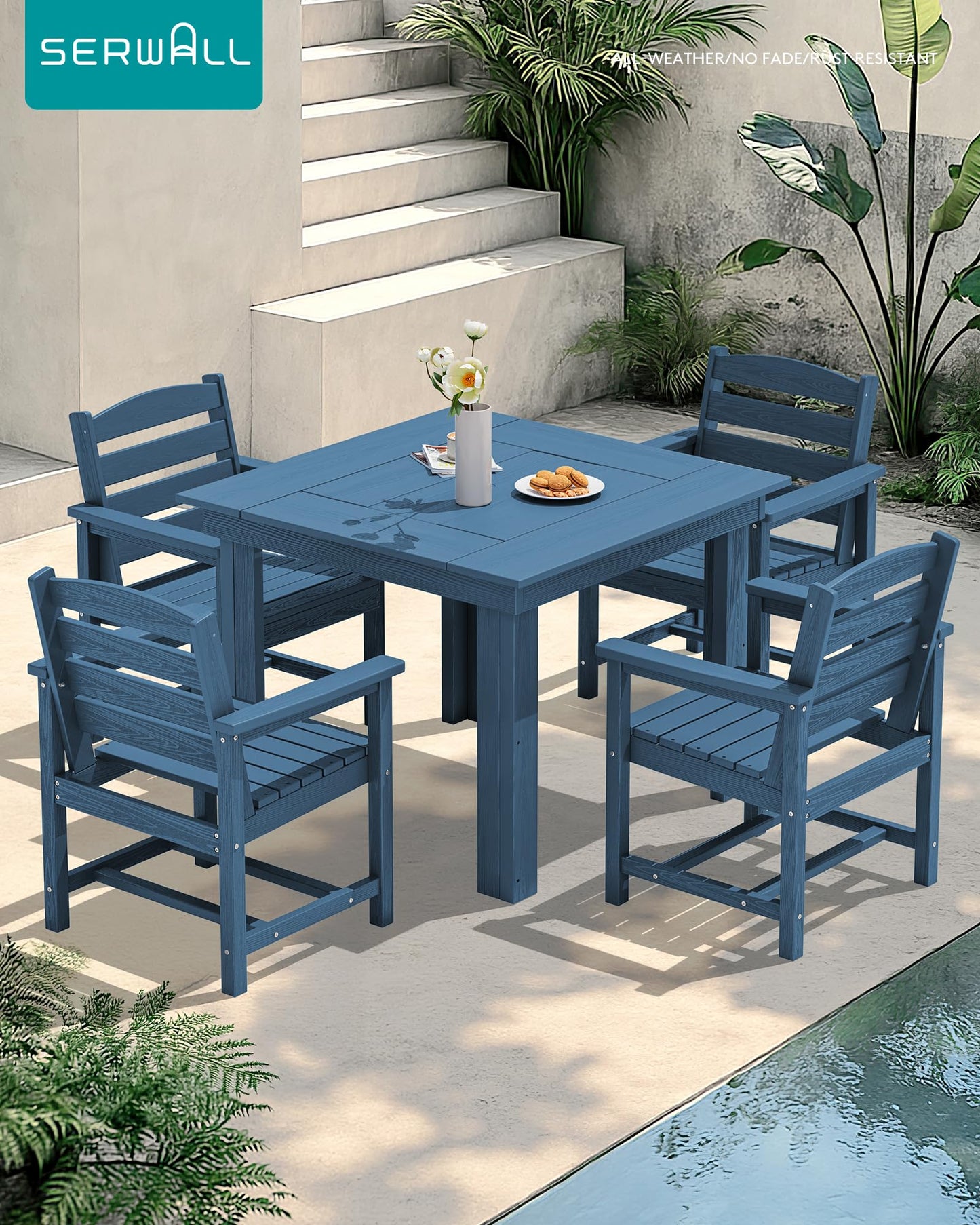 SERWALL Outdoor Dining Set for 4, HDPE Square Table and Chairs Set All Weather Patio Dining Set with 4 Classic Dining Chairs, 5-Piece Patio Dining Furniture for Deck, Blue
