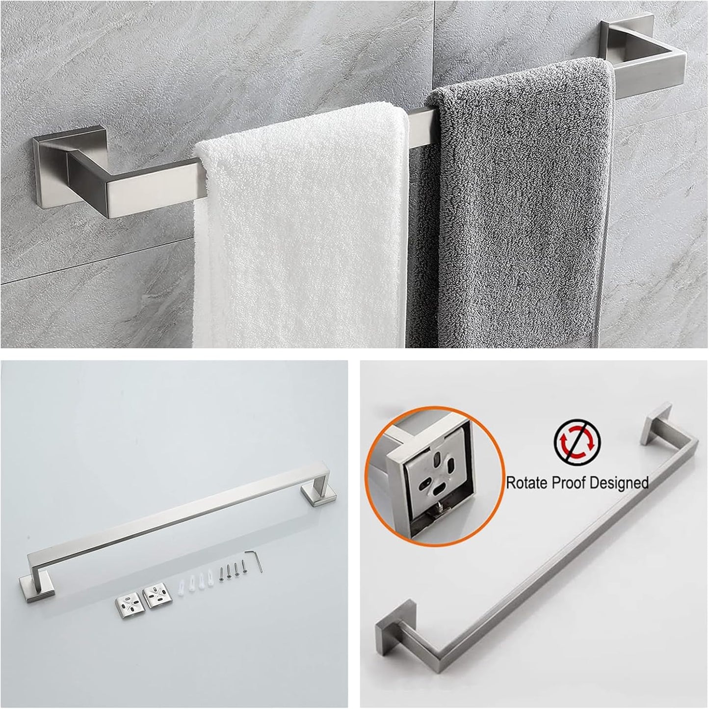 Bathroom Towel Bar Set 10 Pieces Brush Nickel Square Modern Bathroom Hardware Set SUS304 Bathroom Accessories Set Towel Rack Set for Bathroom Wall Mounted (Brushed Nickel, 24 Inch)