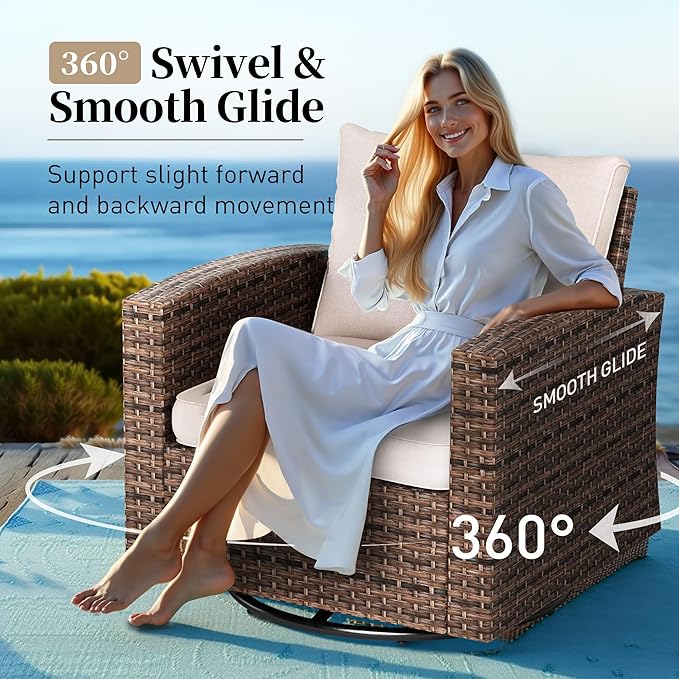 SUNSHINE VALLEY Swivel Glider Patio Furniture Set Outdoor Furniture Brown Wicker Rattan Patio Conversation Sets with Cushion Outside Sofa Set,8 Pieces,12 Seats,Beige