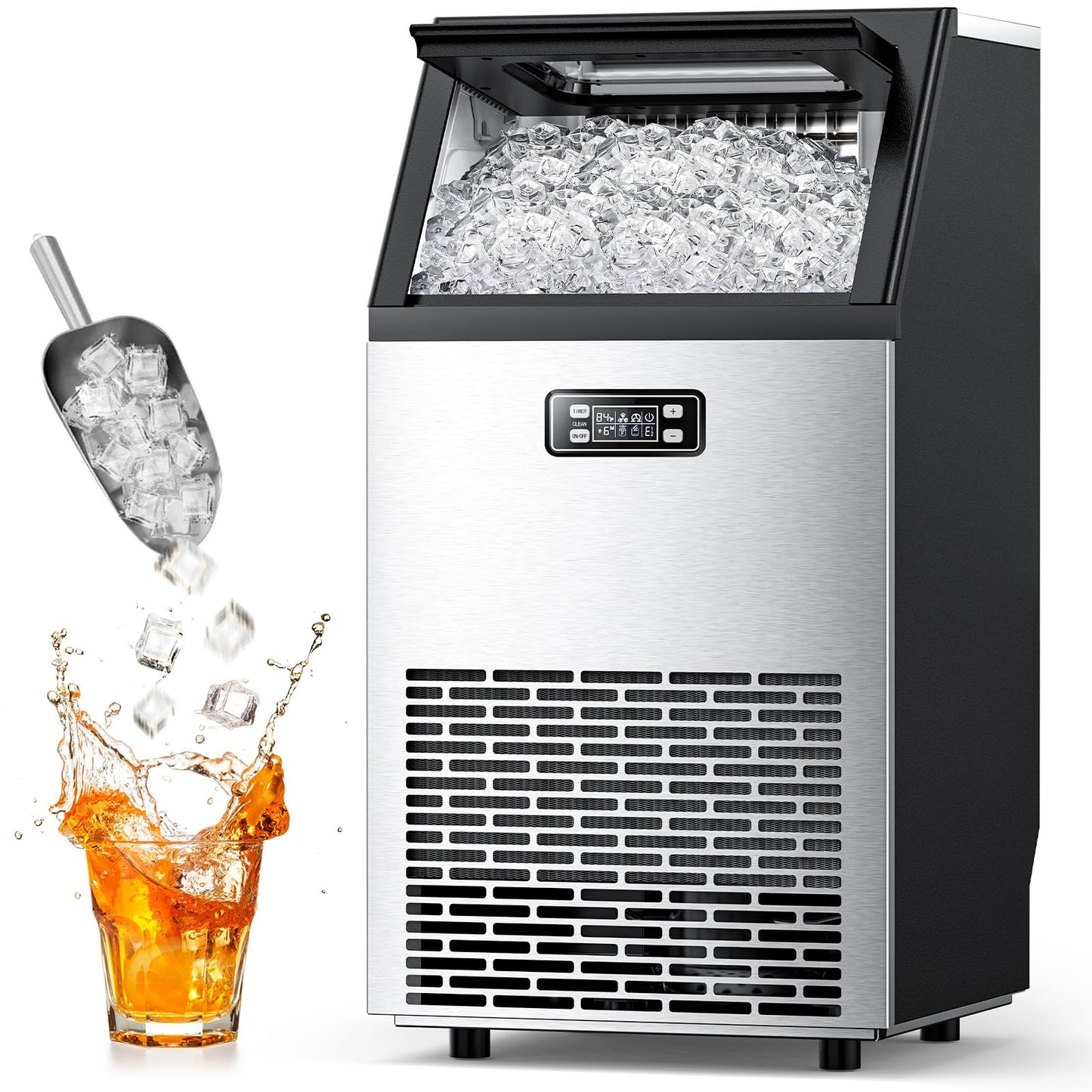 Commercial Ice Maker Machine, 100lbs/24H 45 Cube Ice/Cycle Stainless Steel Under Counter ice Machine with 33lbs Ice Storage Capacity, Freestanding Ice Maker for Restaurant, Bars, Home and Offices