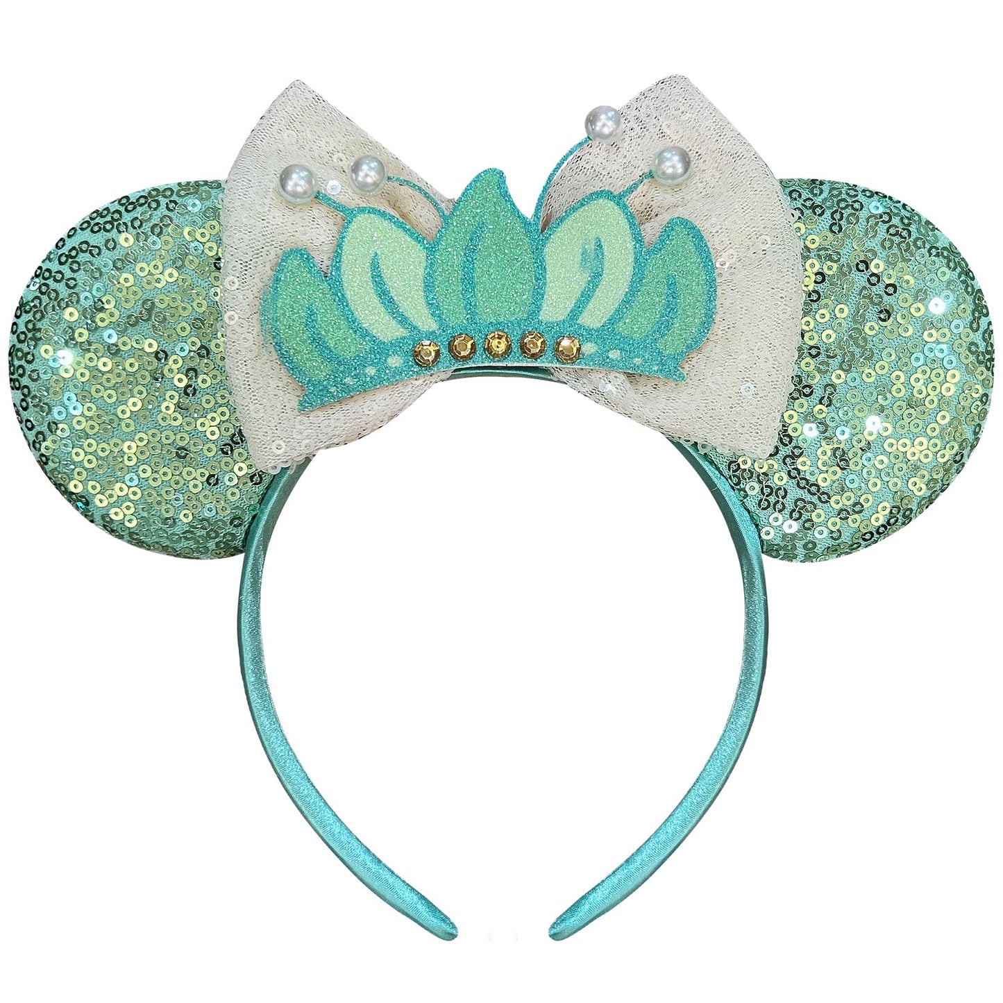 Trnerm Mouse Ears Headband with Sequin White Bows Green Ears, Frog Princess Cosplay Costume for Women