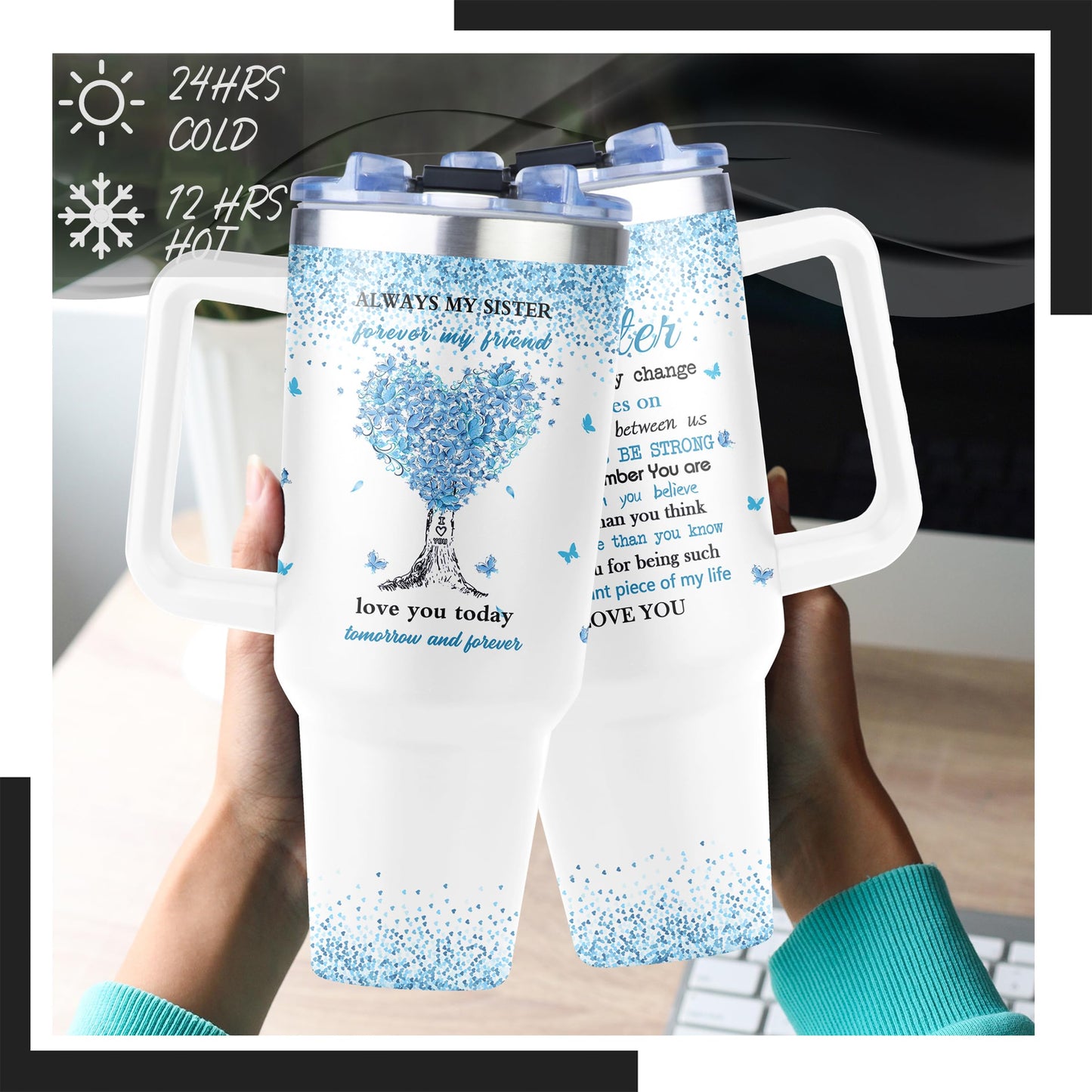 GwaLod 40 oz Tumbler with Handle and Straw, Sis Tumbler, Birthday Gifts for Sisters, Sister Birthday, Sisters Gifts from Brothers, Gift for Sister, Soul Sis Gift for Women