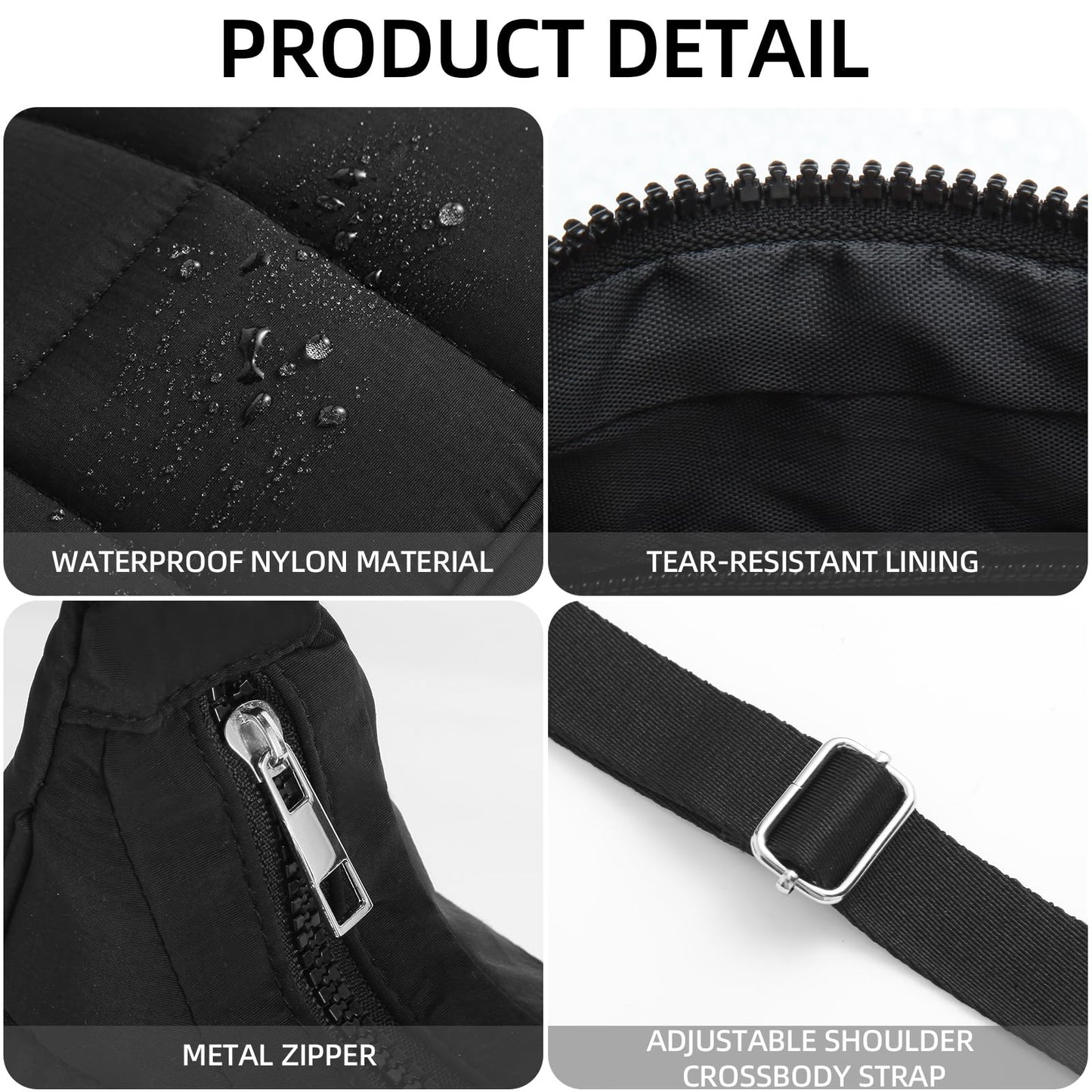Puffy Crossbody Bags for Women, Small Puffer Crescent Shoulder Bag, Nylon Quilted Purse for Women with 2 Straps (Black)