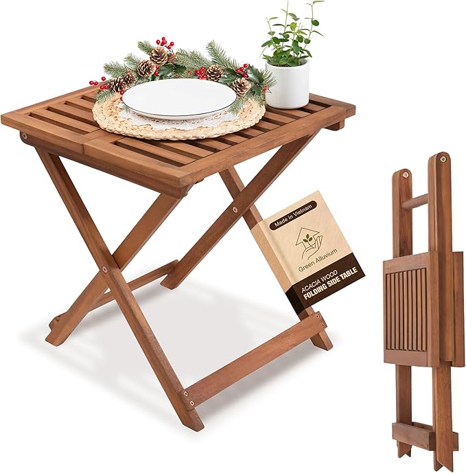 GREEN ALLUVIUM Folding Wooden Side Table – Premium Portable Foldable Table for Outdoor & Indoor Use, Patio, Camping & Small Spaces – Perfect with Adirondack Chairs – Golden Teak Finish