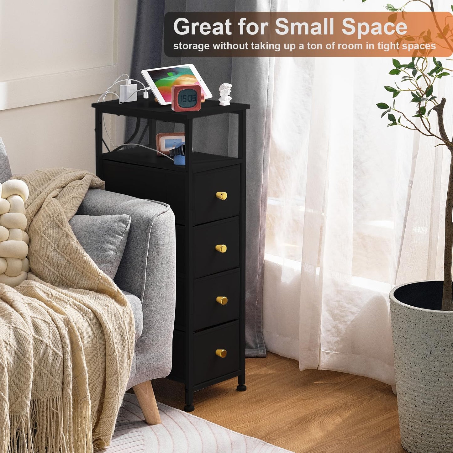 amoorpax Narrow Fabric Dresser for Bedroom, with Charging Station, Small Dressers Bathroom (Black)