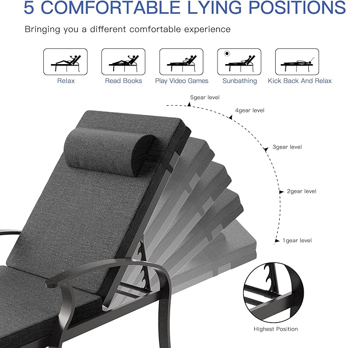 Trumbeak Patio Lounge Chairs Set of 3,Outdoor Lounge Chairs with 5 Adjustable Positions Backerst,Armrest Lounge Chair for Beach,Yard,Balcony,Poolside,Black
