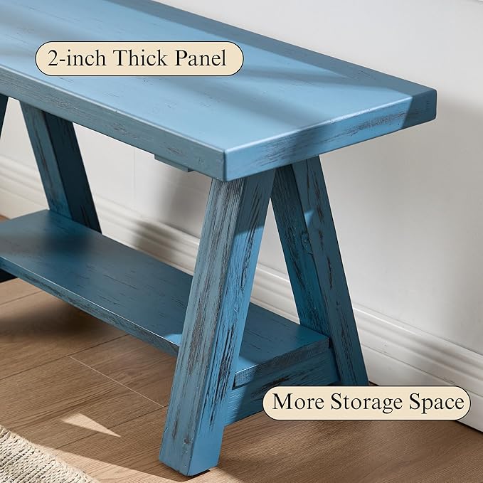 Janoray 30" Entryway Bench with Storage Farmhouse Narrow Dining Bench Shoe Rack Small Wooden Benches Holds up to 300lbs for Hallway Living Room Dining Room Bedroom，2 Tiers, Blue