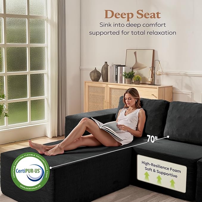 Furnify 106" Cloud Sectional Couch, Left/Right Facing Convertible Sofa with Deep Seat, L-Shape Modular Upholstered Foam Couch for Living Room Bedroom, No Assembly Required (Corduroy Fabric, Black)