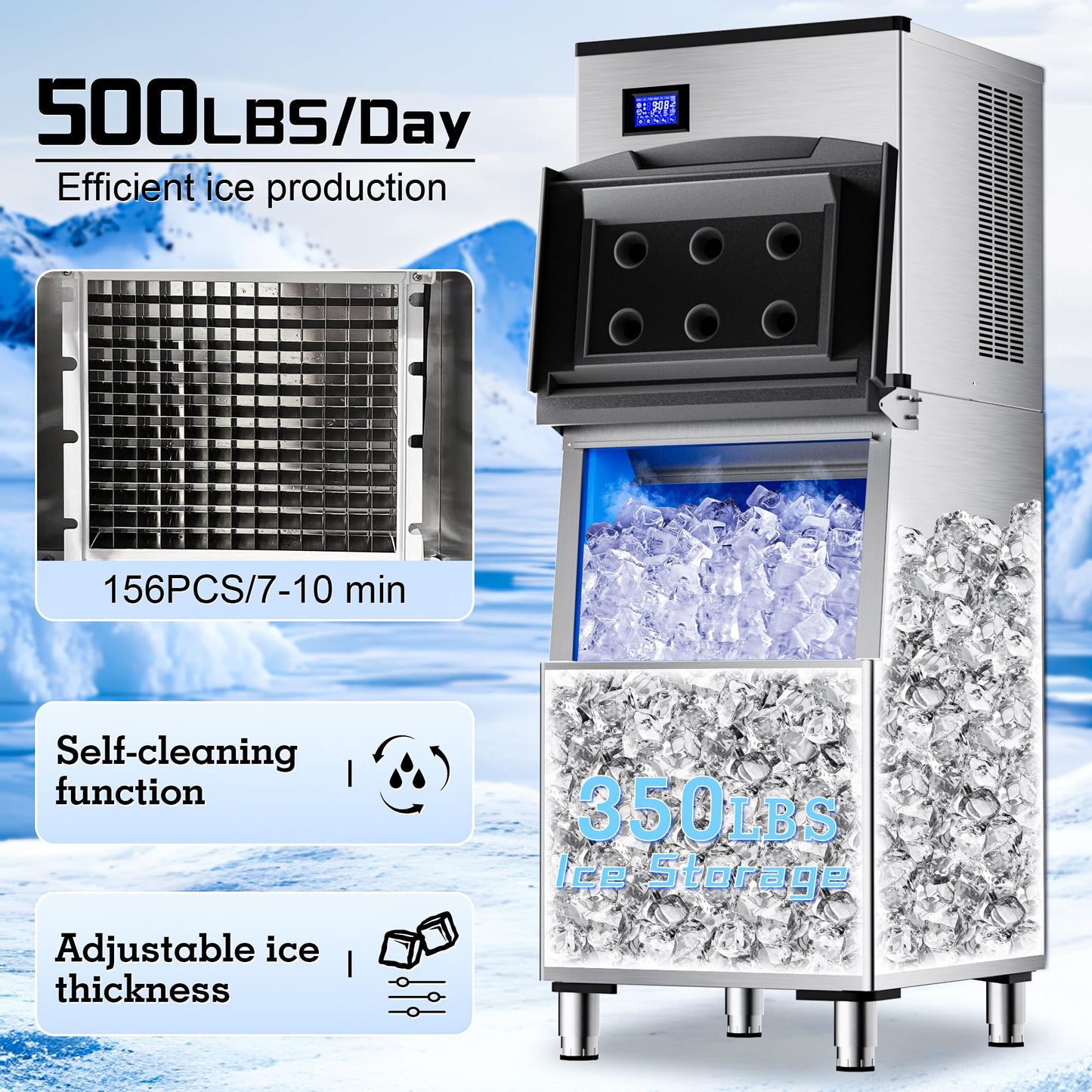 Commercial Ice Maker Machine 500Lbs/24H with 350Lbs Large Ice Storage Bin,Stainless Steel Industrial Ice Machine 156 Ice Cubes/Cycle with Touch Screen,Self-Cleaning for Restaurants Bars Cafes