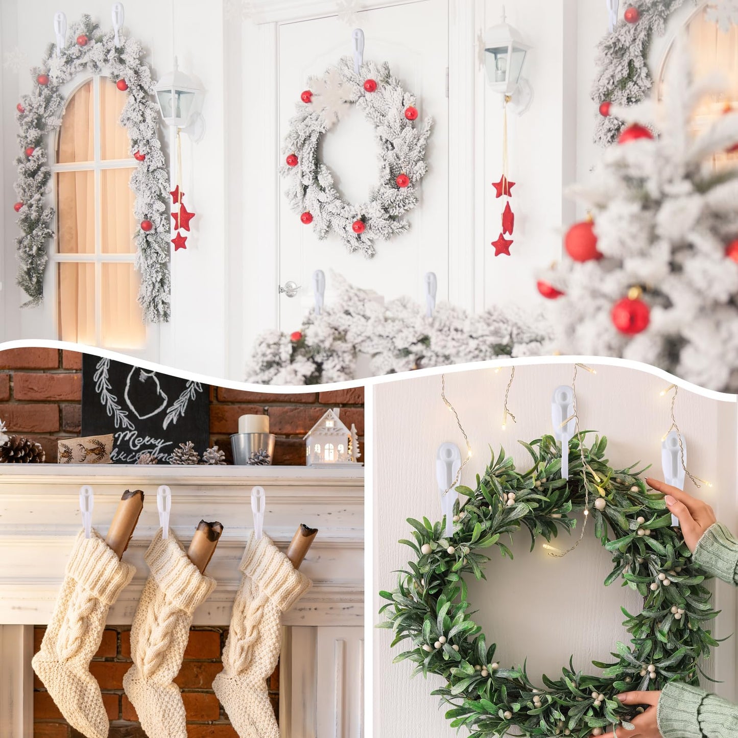 Relaxweex 24 Pcs Christmas Garland Hanger for Mantle Garland Hooks Christmas Wreath Ties Stocking Holder Reusable Silicone Adhesive Straps for Wreath Fireplace Mantle Stairways (White)