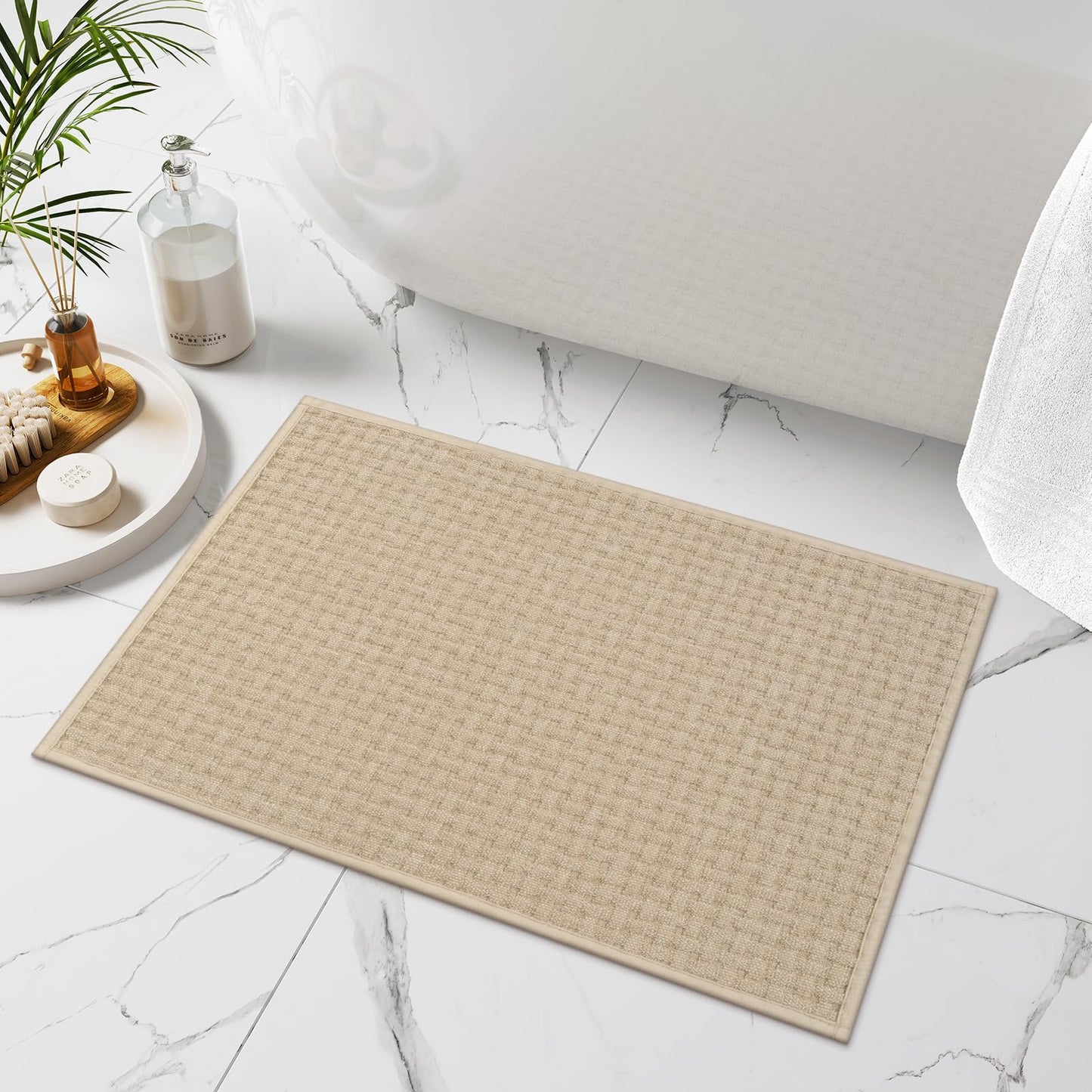 Uphome Khaki Bath Mat Waffle Non Slip Bathroom Rugs Neutral Woven Super Absorbent Bath Rugs Shaggy Soft Quick Dry Washable Thin Shower Rug for Tub Toilet Vanity, 16x24 inch