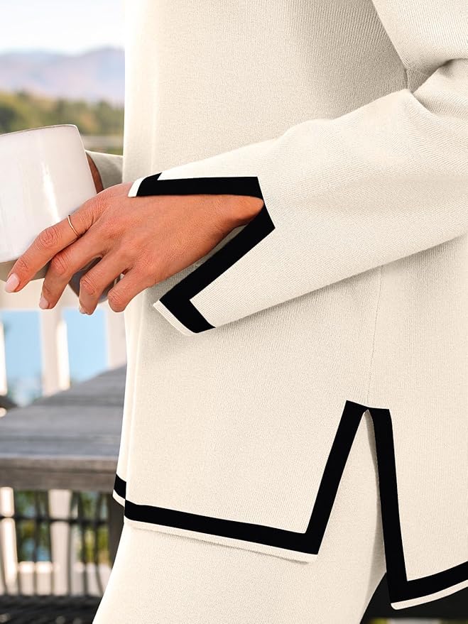 LILLUSORY Women Fall 2 Piece Lounge Set Outfits Sweatsuits Long Sleeve Sweater Tops Wide Leg Pants