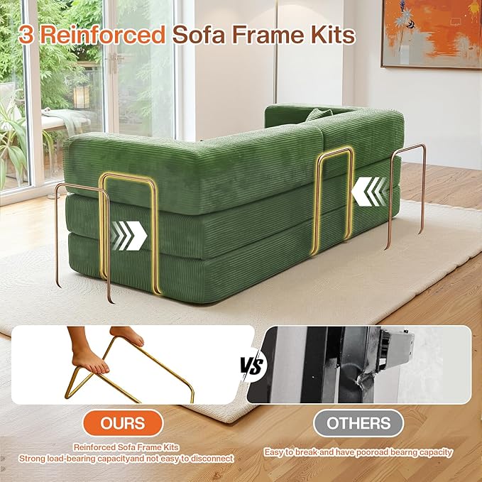 Kelyda 79 Inch Convertible Sofa Bed Couch in Box, 5 in 1 Folding Modular Boneless Couch with Pull Out Bed 2 Pillows, Soft Corduroy Floor Futon Lounge Loveseat Sleeper Lazy Cama No Assembly Green